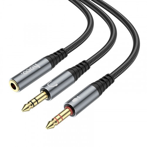 Разветвитель HOCO UPA21 AUX 4pin гнездо - 3,5*2 штекер микр+наушн (нейлон, 0,25m) металический серый