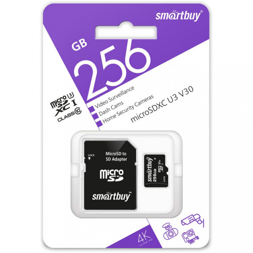 micro SDXC карта памяти Smartbuy 256GB cl10 U3 V30 для видеонаблюдения (с адаптером SD)