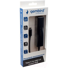 Разветвитель USB 3.0 Gembird UHB-C364, 4 порта USB, с доп.питанием (порт DC), кабель Type-C 15см, черный, коробка-блистер