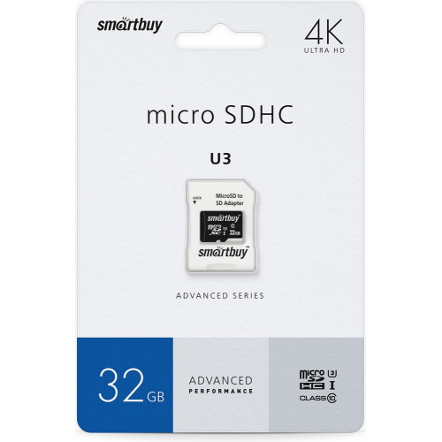 micro SDHC карта памяти Smart Buy 32GB U3 V30 A1 Advanced R/W:90/55 MB/s (с адаптером SD)