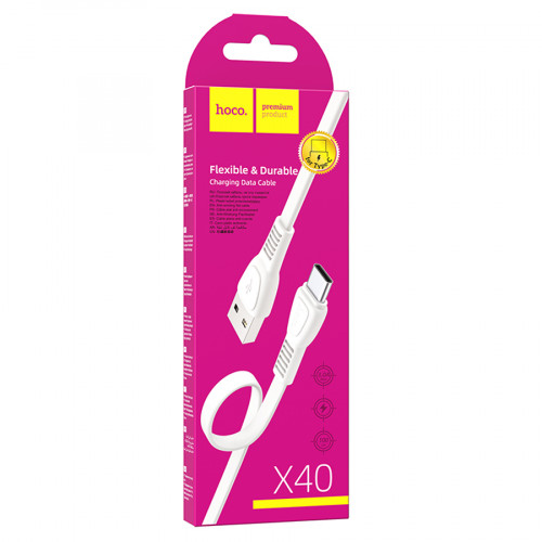 Кабель HOCO X40 USB - Type-C, 3A, 1м, (плоский), white