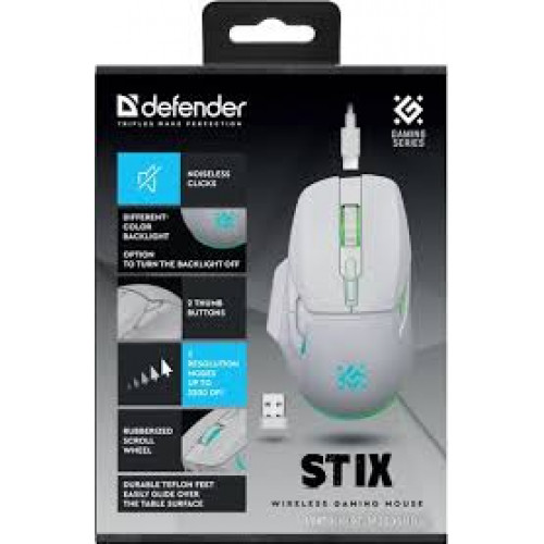 Опт. беспр. мышь Defender Stix GM-009 игровая белая (7кнопок,3200dpi,500мАч)