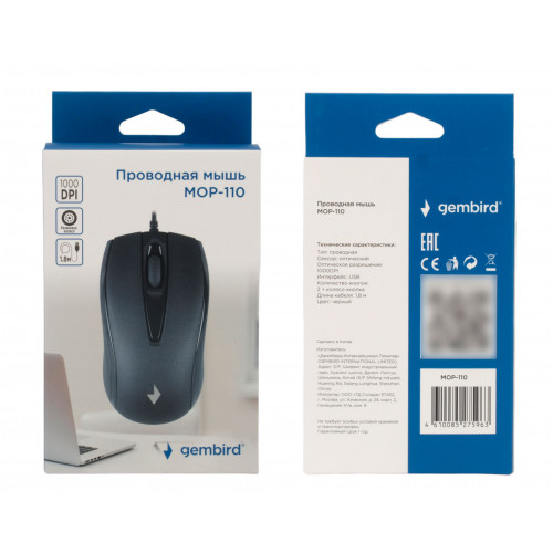 Проводная мышь Gembird MOP-110, 3кн, 1000 DPI, резин.колесо, 1.8м, черный, коробка