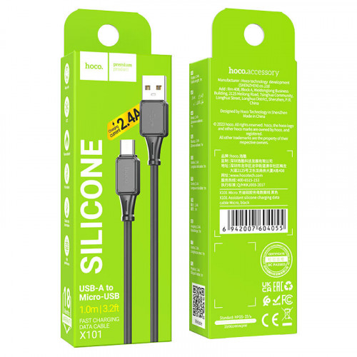 Кабель HOCO X101 USB - micro USB 2.4A, 1 метр, (Силиконовый) цвет: black