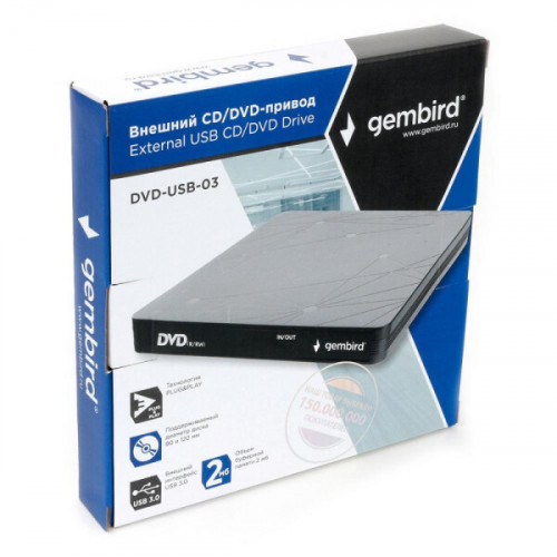 Внешний CD/DVD привод USB 3.0 Gembird DVD-USB-03C пластик, черный