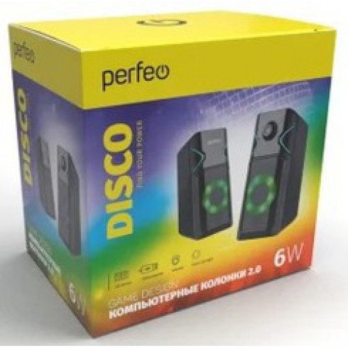 Мульт. мед. стерео колонки Perfeo "DISCO", 2.0, 2х3 Вт, USB, чёрн, Game Design, RGB подсветка