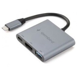 Док-станция Type-C Gembird UHB-D2, 3в1: USB3.1, Type-C PD100W, HDMI, кабель 15см, алюминий