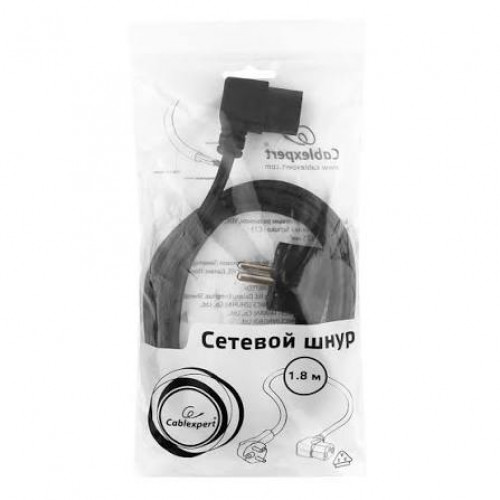 Кабель питания Cablexpert PC-186A-VDE, 1.8м, Schuko- C13, VDE, 10А, черный, угловой разъем, с заземлением, пакет