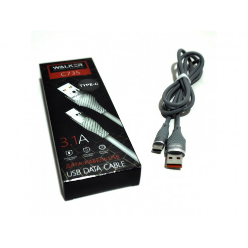 Дата-кабель WALKER C735, USB - Type-C, прорезиненный, с металл. разъемами (3.1А), черный