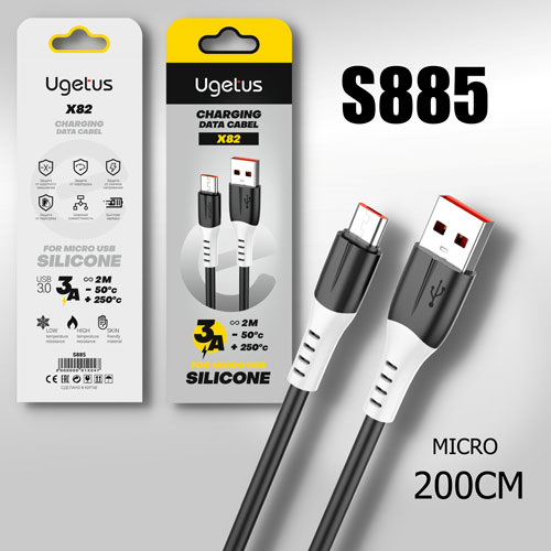 Кабель Ugetus X82 USB - MicroUSB, 3A, 2м, (Силиконовый), black (S885)