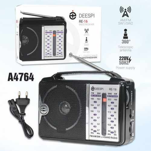 Радио портативное DEESPI RE-16 черный (антенна, 220V, бат. D20*2)