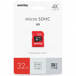 micro SDHC карта памяти Smart Buy 32GB Class 10 PRO U3 R/W:90/70 MB/s (с адаптером SD)