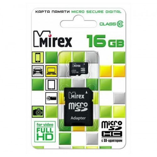 Карта памяти microSDHC с адаптером MIREX 16GB (class 10) 13613-AD10SD16