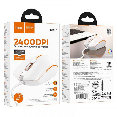 Опт. мышь HOCO GM37 2400dpi, 1.4m (USBпроводная) White Игровая