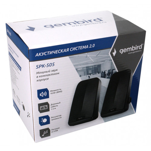 Акустич. система 2.0 Gembird SPK-505, 10Вт, пластик, рег.громкости, черный