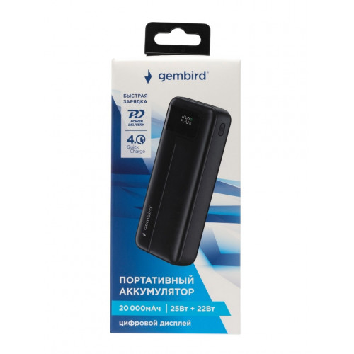 Портативный аккумулятор Gembird GPB-20Q, 20000мАч, QC/PD, дисплей, черный
