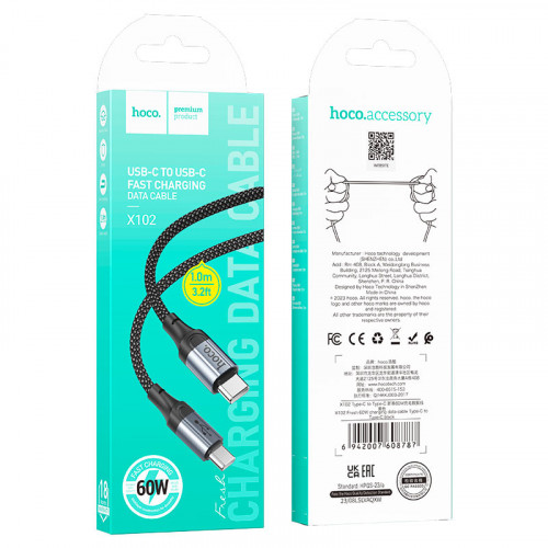 Кабель HOCO X102 Type-C - Type-C, 60W, 1м, black (в оплетке вязаный) 1/31