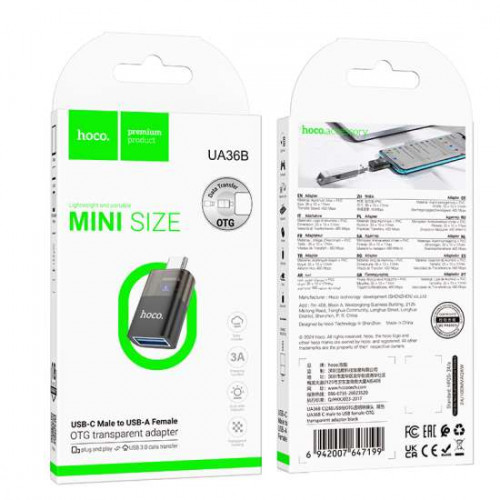 Адаптер OTG HOCO UA36B Type-C(m) вилка to USB(f) 3.0 розетка, чёрный