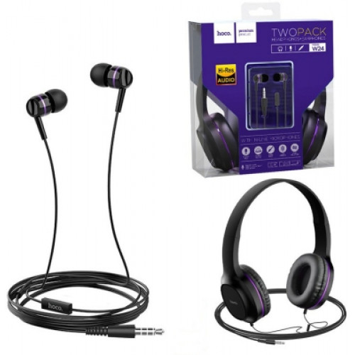 Наушники полноразмерные HOCO W24 с микрофоном + наушники внутрикан, black-purple