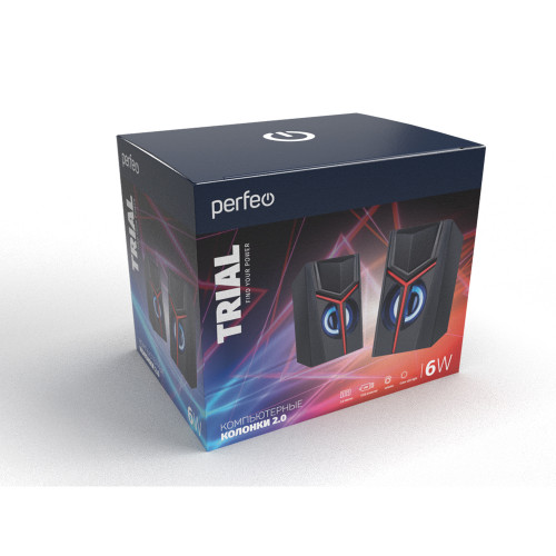 Perfeo «TRIAL», колонки 2.0, мощность 2х3 Вт, USB, чёрные, Game Design, LED подсветка 7 цветов