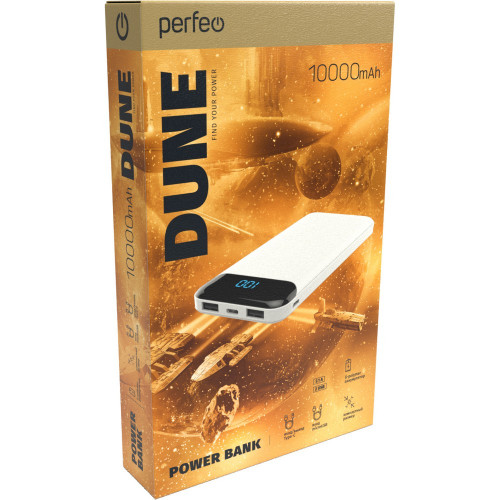 Perfeo Dune 10000mah/LED дисплей/In Type-C/Micro usb/Out Type-C 2.1А /USB 1 А, 2.1A/White