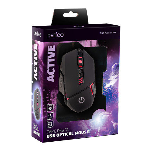 Perfeo «ACTIVE», оптическая 6 кнопок, DPI 1600-6400, USB, чёрная, GAME DESIGN, 4 цвета подсветка