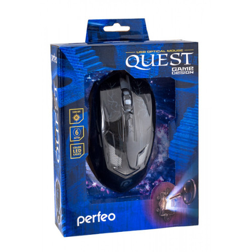 Perfeo «QUEST», оптическая, 6 кнопок, USB, чёрная, GAME DESIGN, подсветка 6 цветов