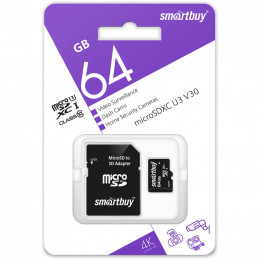 micro SDXC карта памяти Smart Buy 64GB Class 10 U3 V30 для видеонаблюдения (с адаптером SD)