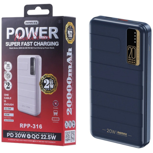 Внешний аккумулятор Remax RPP-316 20000mAh (20W+22.5W PD+QC), Black