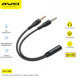 Разветвитель AWEI AUX-002 для гарнитуры на 2 штекера 3,5 мм (микрофон + наушники) -> 1 гнездо 3,5мм (Черный)