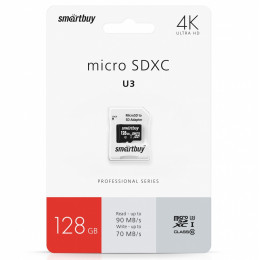 microSDXC карта памяти Smartbuy 128GB Class 10 PRO U3 (с адаптером SD)
