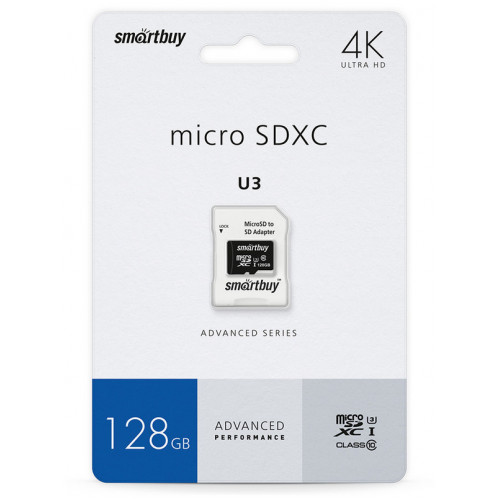 microSDXC карта памяти Smartbuy 128GB Class 10 U3 (с адаптером SD)