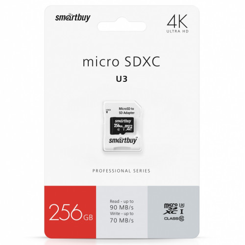 micro SDXC карта памяти Smart Buy 256GB Class 10 PRO U3 с адаптером
